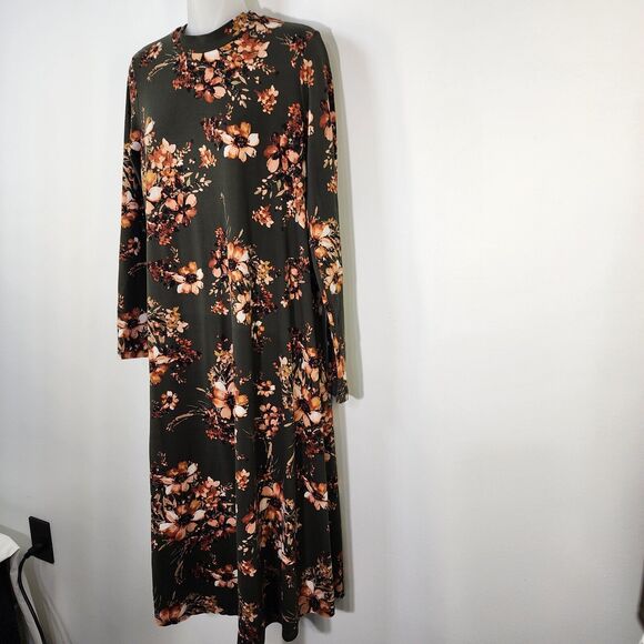 Reborn J Women Maxi Dress Size Small Green Floral Long Sleeve Stretch Shift Long - Picture 5 of 7